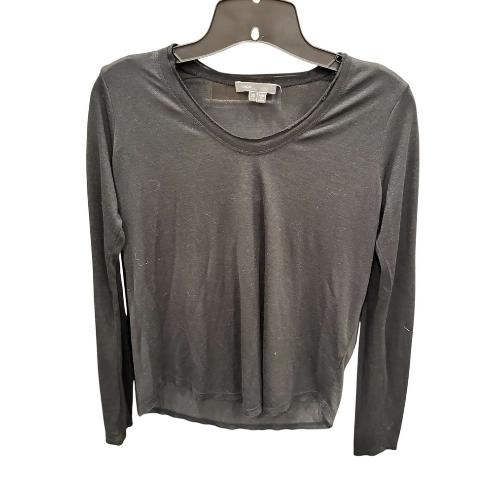 Vince Long Sleeve Top Womens Black Slub Knit Raw Edge Minimalist XS